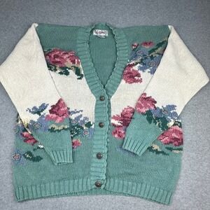 Vintage Gina Peters Floral Knit Cardigan Sweater Teal Green Pink Medium